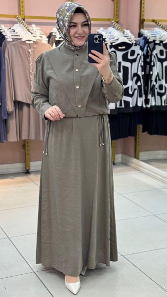 V Dikiş Detaylı Ceketli Elbise Çağla/3005