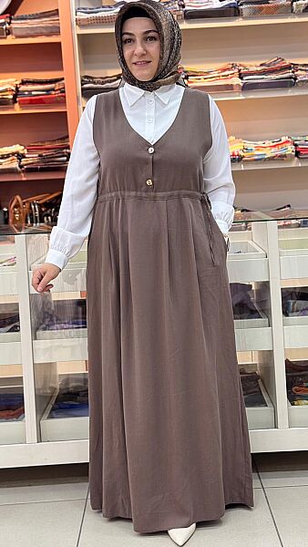 V Yaka Beli Bağlamalı Elbise Kahve/2057 