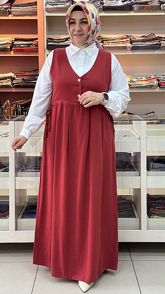 V Yaka Beli Bağlamalı Elbise Kiremit/2057