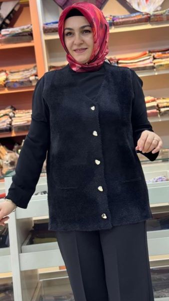 V Yaka Düğmeli Yelek Siyah/5028