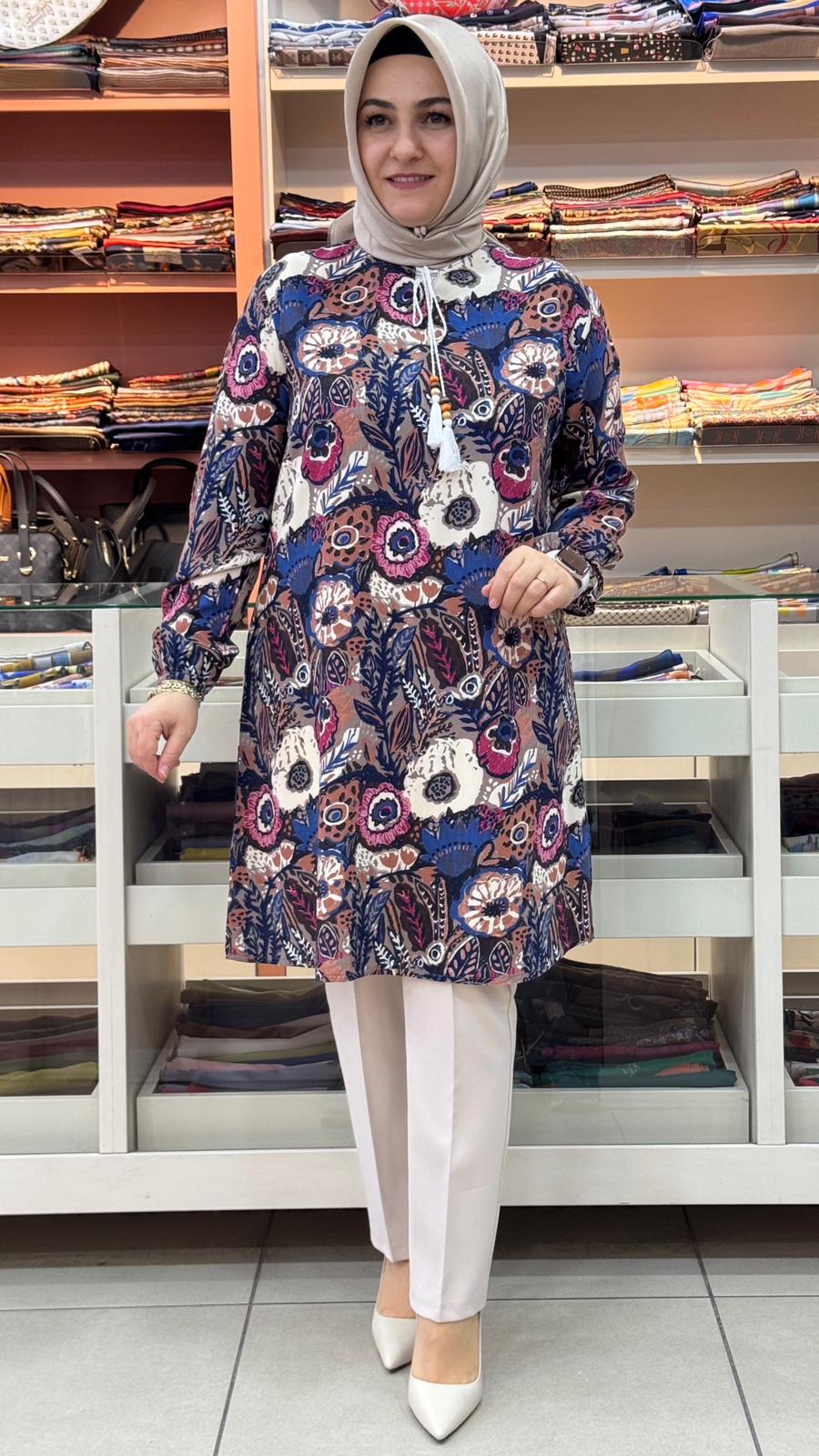 İnza Moda - Viskon İpli Desenli Tunik Mavi/1399 