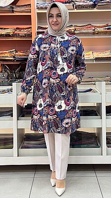 İnza Moda - Viskon İpli Desenli Tunik Mavi/1399 