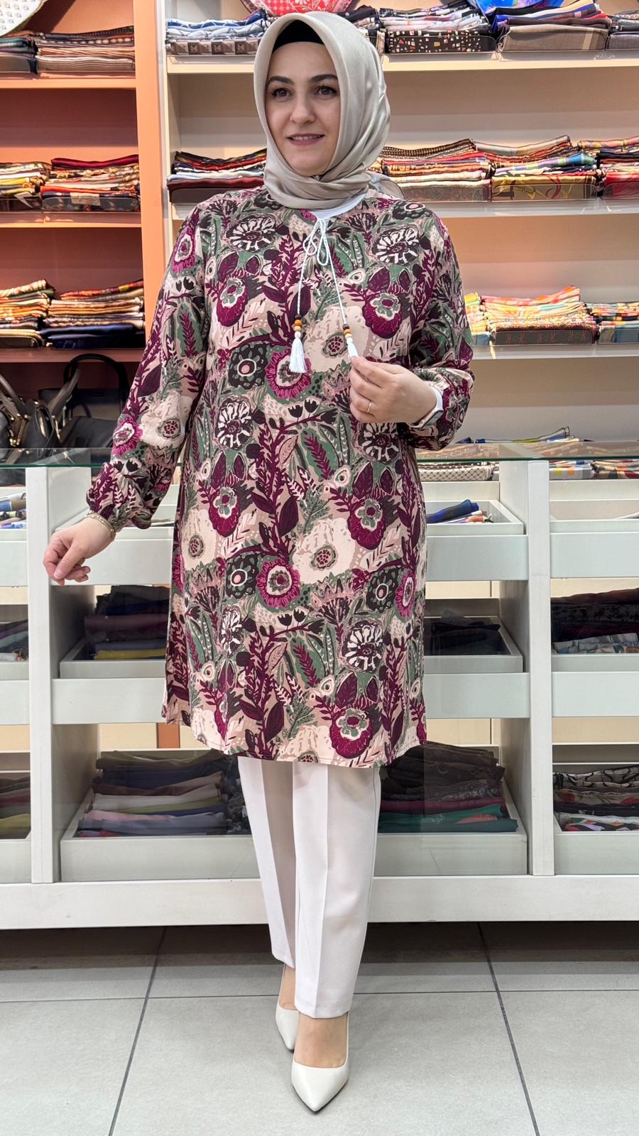 İnza Moda - Viskon İpli Desenli Tunik Pembe/1399