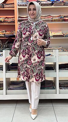 İZEL - Viskon İpli Desenli Tunik Pembe/1399