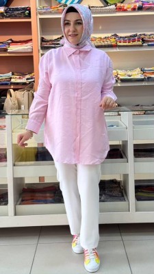 Ekru - Yaka Ve Manşeti Taş Detaylı Gömlek Tunik Pembe/2982