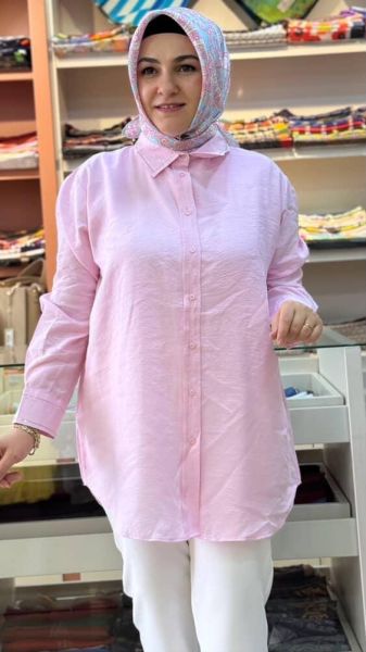 Yaka Ve Manşeti Taş Detaylı Gömlek Tunik Pembe/2982