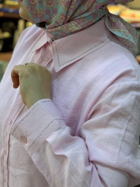 Yaka Ve Manşeti Taş Detaylı Gömlek Tunik Pembe/2982