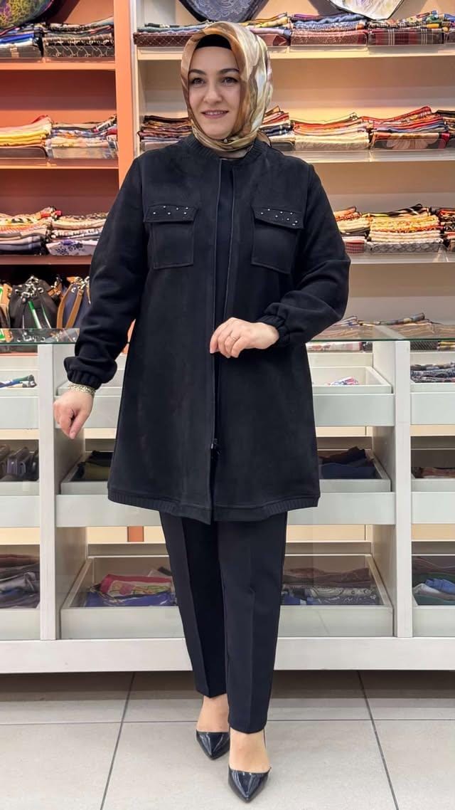 Berelance - Yakası Etek Ucu Örme Süet Kap Siyah/7218