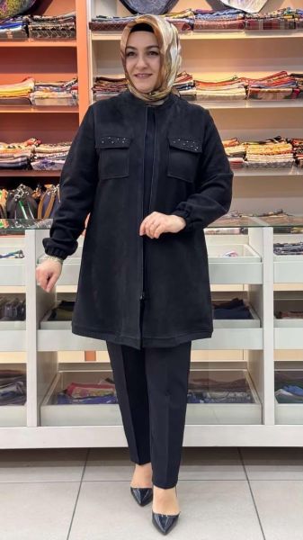 Yakası Etek Ucu Örme Süet Kap Siyah/7218