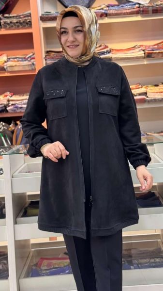 Yakası Etek Ucu Örme Süet Kap Siyah/7218