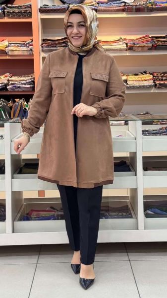 Yakası Etek Ucu Örme Süet Kap Camel/7218