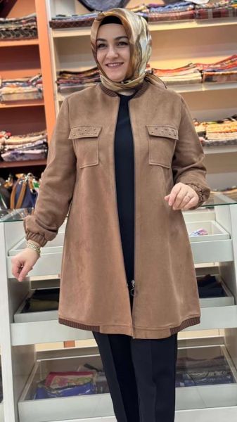 Yakası Etek Ucu Örme Süet Kap Camel/7218