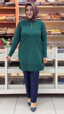 Kado - Yakası Fermuarlı Triko Tunik Zümrüt/2725015