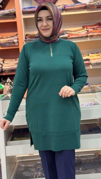 Yakası Fermuarlı Triko Tunik Zümrüt/2725015