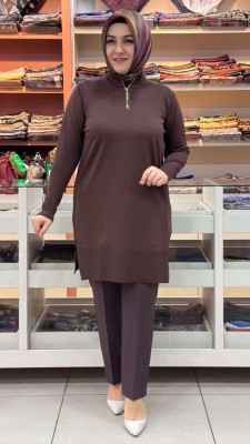 Kado - Yakası Fermuarlı Triko Tunik Acı Kahve/2725015