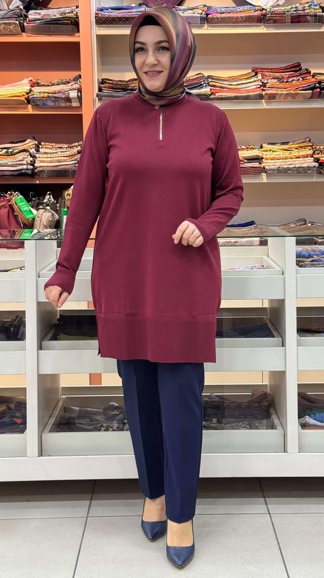 Kado - Yakası Fermuarlı Triko Tunik Bordo/2725015