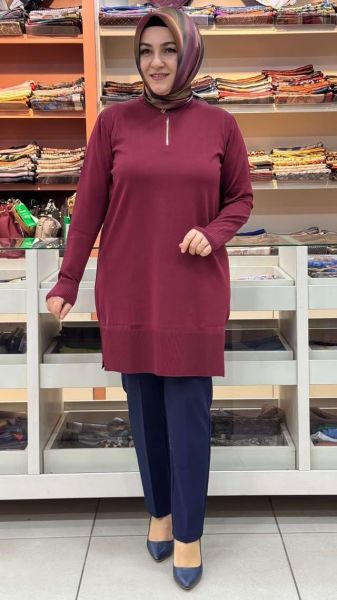 Yakası Fermuarlı Triko Tunik Bordo/2725015