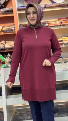 Yakası Fermuarlı Triko Tunik Bordo/2725015 - Thumbnail