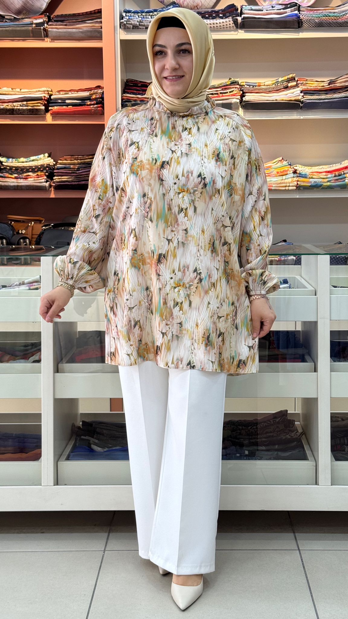 Gaze - Yakası Fırfırlı Desenli Tunik Taş/4160 