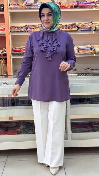 Yakası Fırfırlı Gömlek Tunik Lila/3042