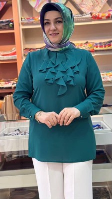 Yakası Fırfırlı Gömlek Tunik Zümrüt/3042 - Thumbnail