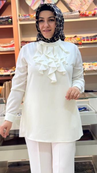 Yakası Fırfırlı Gömlek Tunik Ekru/3042