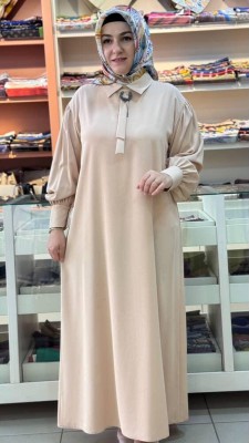 Yakası İğneli Elbise Camel/50039 - Thumbnail