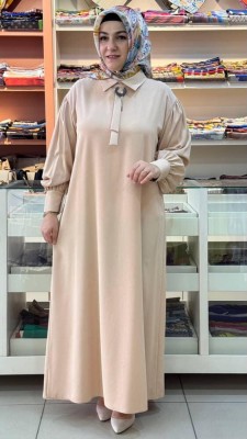 Yakası İğneli Elbise Camel/50039 - Thumbnail