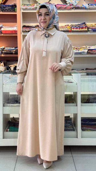 Yakası İğneli Elbise Camel/50039