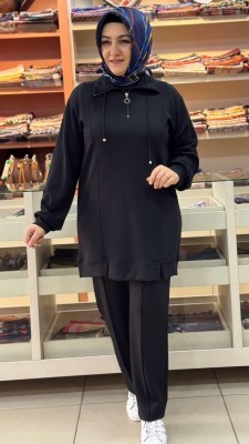 Yakası İp Detaylı Takım Siyah/21771 - Thumbnail