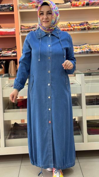 Yakası İp Detaylı Tensel Kot Ferace Mavi/8458