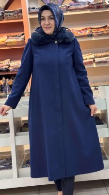 Yakası Kürk Detaylı Kaban Lacivert/4420 - Thumbnail