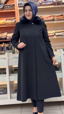 Yakası Kürk Detaylı Kaban Siyah/4420 - Thumbnail