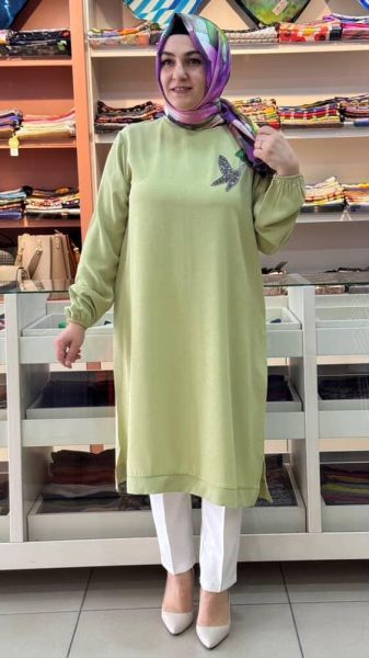 Yakası Kuşlu Ayrobin Tunik Fıstık Yeşili/251451
