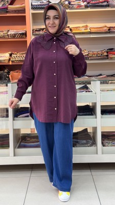 İnza Moda - Yakası Organze Tül Detaylı Tunik Bordo / 1883