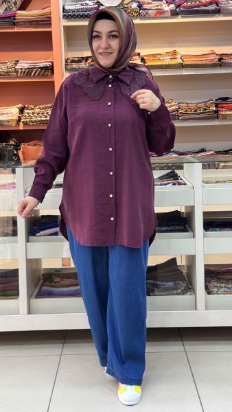 Yakası Organze Tül Detaylı Tunik Bordo / 1883