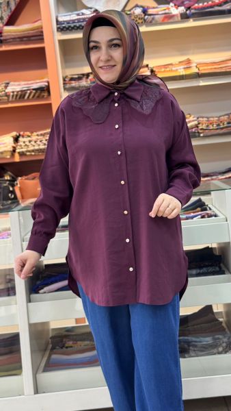 Yakası Organze Tül Detaylı Tunik Bordo / 1883