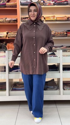 İnza Moda - Yakası Organze Tül Detaylı Tunik Kahve / 1883