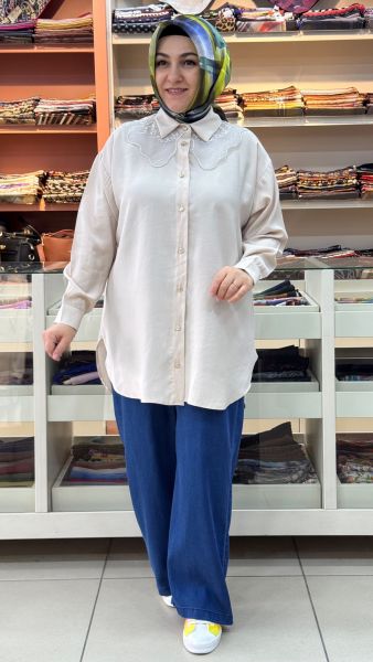 Yakası Organze Tül Detaylı Tunik Taş / 1883