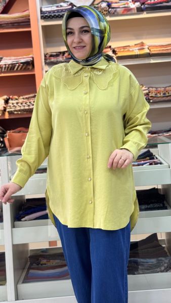 Yakası Organze Tül Detaylı Tunik Yağ Yeşili / 1883