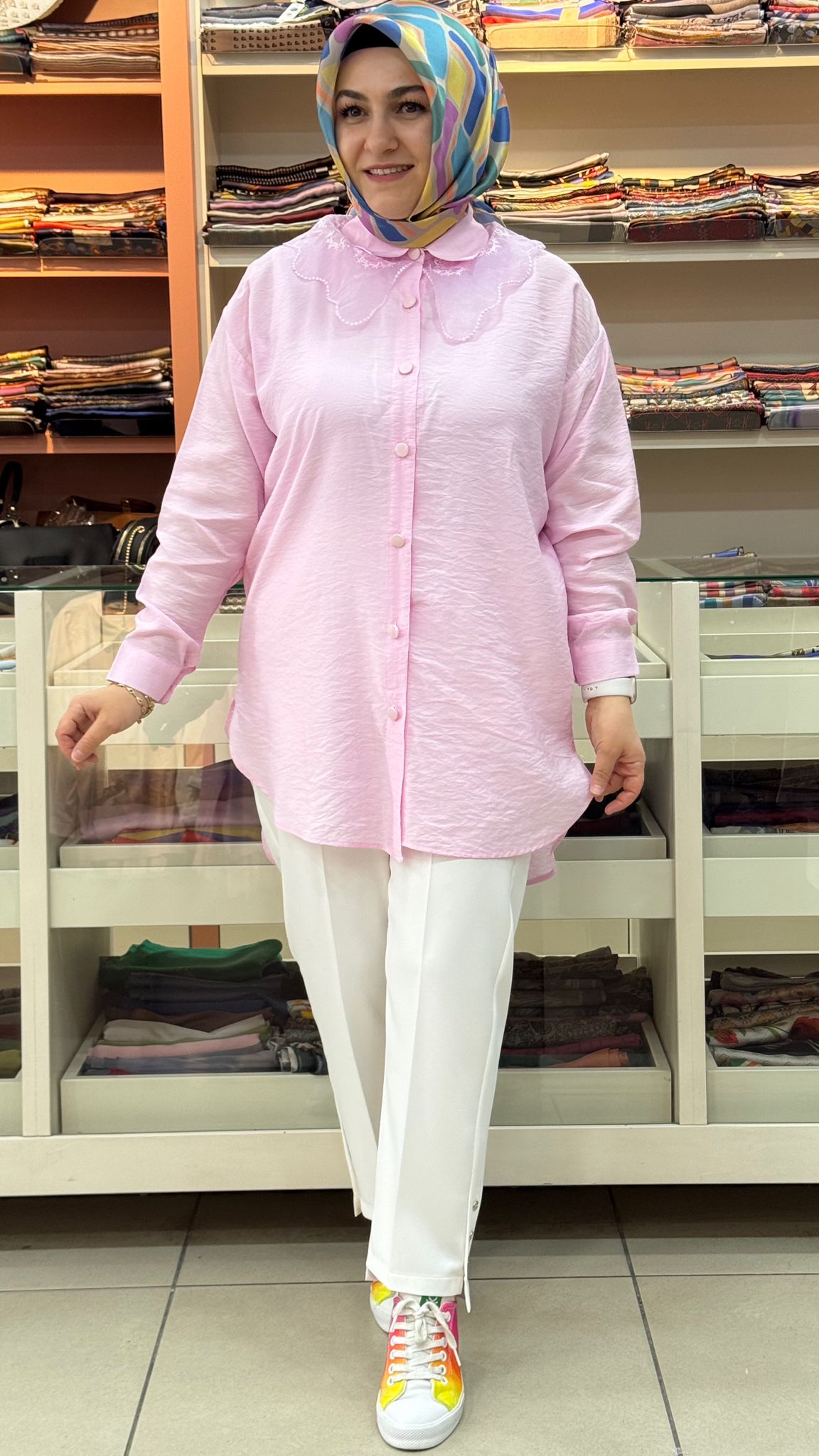 GÜNER - Yakası Organze Tül Detaylı Tunik Pembe/18830 