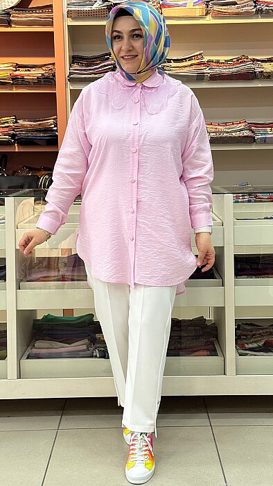 GÜNER - Yakası Organze Tül Detaylı Tunik Pembe/18830 