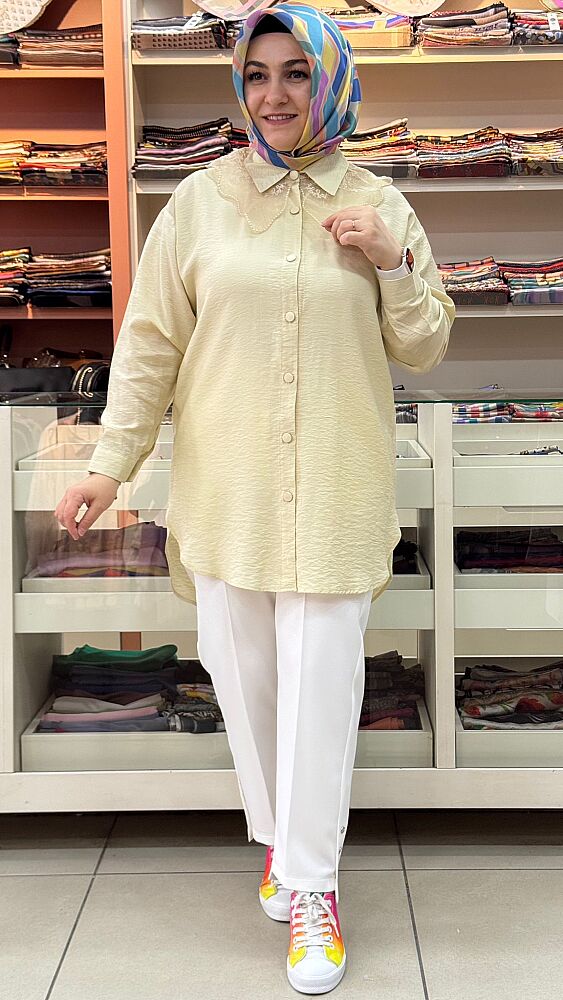 Yakası Organze Tül Detaylı Tunik Taş/18830