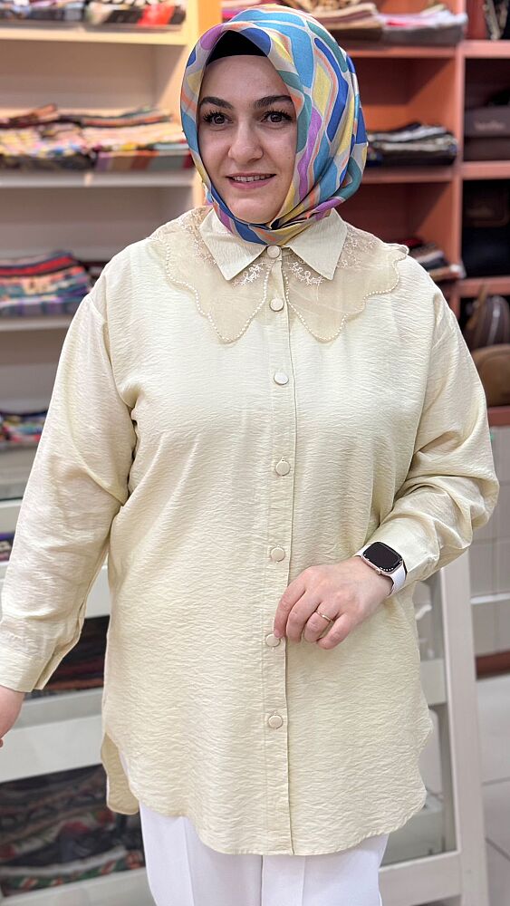 Yakası Organze Tül Detaylı Tunik Taş/18830