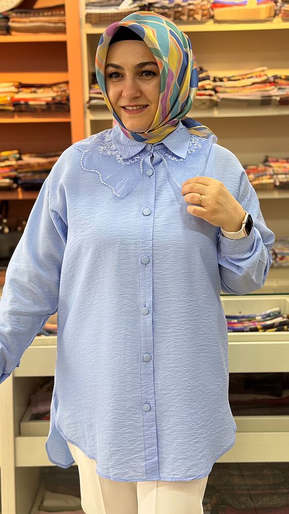Yakası Organze Tül Detaylı Tunik Mavi/18830 