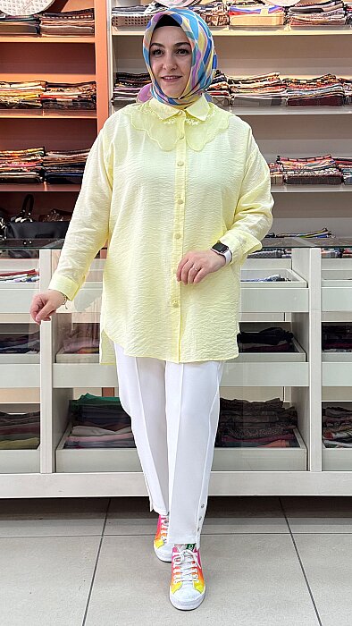 GÜNER - Yakası Organze Tül Detaylı Tunik Sarı /18830