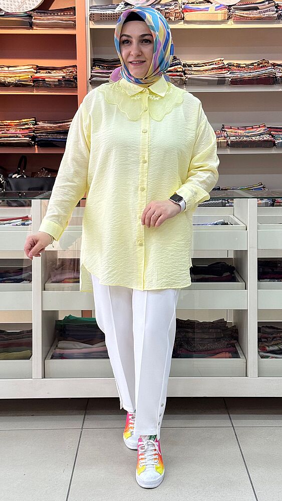 Yakası Organze Tül Detaylı Tunik Sarı /18830