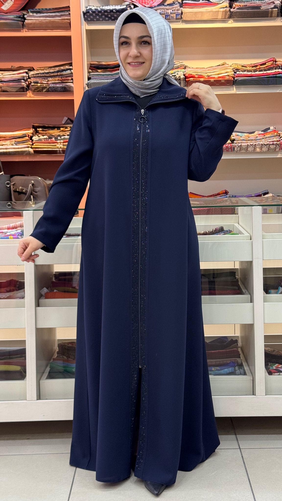 sar moda - Yakası Taşlı Ferace Lacivert/9017