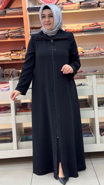 Yakası Taşlı Ferace Siyah/9017