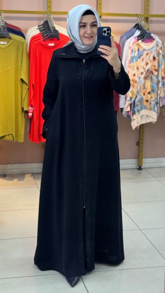 Yakası Taşlı Ferace Siyah/9017